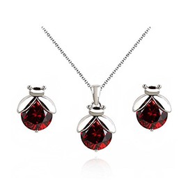 Crystalline Azuria Ladybugs Red Zirconia Crystals Set Pendant Necklace Stud Earrings 18K White Gold Plated for Women