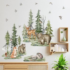 Runtoo Large Woodland Animals Wall Decals Bear Fox Deer Mountain Forest Pine Tree Wall Stickers for Nursery Kids Bedroom Classroom Wall Decor
