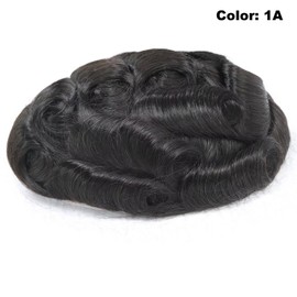 Toupee Hair Piece for Men Indian Remy Human Hair Monofilament Top Lace Front Mens Hairpiece Hair Replacement System with Pu Skin around Male Toupee Peluquines Para Hombre 6x8 Inch Natural Black #1A