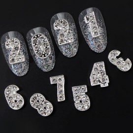 DANNEASY 30pcs Number Nail Charms Silver Nail Jewels Nail Rhinestones and Charms 3d Nail Art Charms Nail Studs Nail Jewelry for DIY Craft Decoration