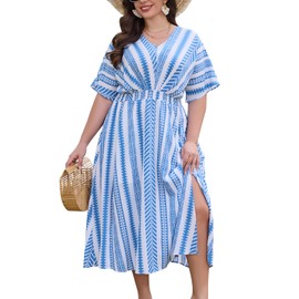 Keluummi Plus Size Summer Maxi Dresses for Curvy Women, Causal Boho Floral V Neck Empire Waist Dress with Pocket and Slit(18 Plus, 02 - White Stripe)