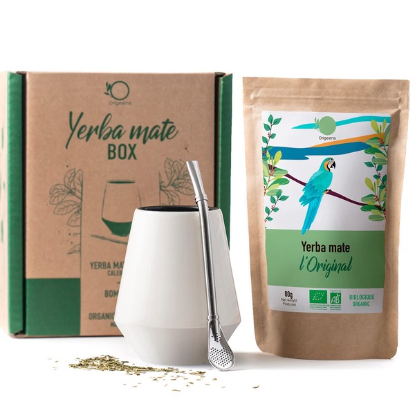 ORIGEENS Yerba Mate Set with Yerba Mate Gourd, Mate Bombilla and Organic Yerba Mate Tea | Stylish Ceramic Yerba Mate Cup | Original Gift Set