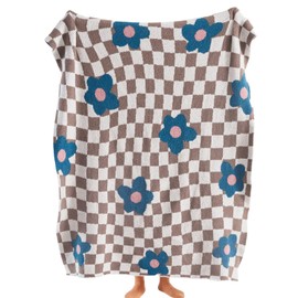YIRUIO Throw Blankets Checkerboard Grid Chessboard Gingham Warmer Comfort Reversible Shaggy Cozy Decor for Home Bed Couch (Blue Floral, 51''x63'')