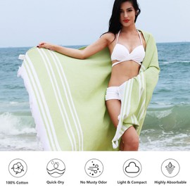 LINENOVA 100% Cotton Turkish Beach Towel 180x100cm, Sand Free Quick Dry Lightweight Large Oversized Turkish Bath Towels for SPA, Beach, Pool, Gym and Bathroom-Lime