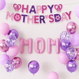 Happy Mothers Day Decorations Set, Happy Mothers Day Banner with Mom Foil Balloons, Metallic & Pastel Pink Purple Confetti Balloons, Mother's Day Decorations and Gifts for Mom
