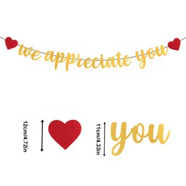 We Appreciate You Banner, 9.8ft Glitter Appreciation Backdrop with Red Heart Thank You Bunting Paper Hanging Appreciation Decorations for Doctor Nurse Teacher Pastor Staff Employee (Golden)
