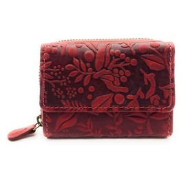 Genuine Leather Compact Wallet for Men & Women - Small Wallet with RFID Protection, 2 Note Compartments, Zip Coin Pocket, Genuine Leather, Floral red, S, Casual