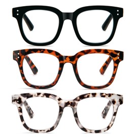 prtcslwd 3 Pack Oversized Reading Glasses for Women Men with round Frame Fashion Blue Light Blocking Computer Readers (Black/Brown Leopard/Grey Leopard, 1)