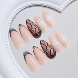 LWTZLW Leopard French Tip Press on Nails Medium Almond False Nails Butterfly Gradient Design Full Cover Glue on Nail Reusable Acrylic Fake Nails Glossy Artificial Stick on Nail for Women