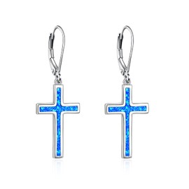 ONEFINITY Opal Cross Earrings 925 Sterling Silver Leverback Cross Dangle Drop Earring Blue Cross Religion Jewelry for Women