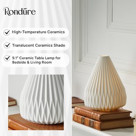 RONDURE 9.1" Bedside Table Lamp, Ceramic Lamp for Bedroom Nightstand, White Lamp for Living Room, Modern Design Lamps (E12, Not Included Bulb)