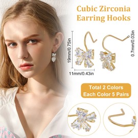Beebeecraft 20Pcs/Box 2 Colors Cubic Zirconia Earring Hooks Bowknot Rhinestone French Fish Hooks with Loop for Women DIY Jewelry Earring Making Findings