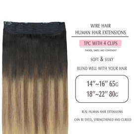 SURNEL Wire Hair Extensions Real Human Hair Balayage Natural Black to Chocolate Brown and Caramel Blonde 18 Inch 80g Fish Line Hair Extensions(18, 1B/4/27)