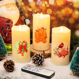 Eywamage Fiber Optic Christmas Flameless Pillar Candles with Remote, Cardinal Gingerbread Candy Canes Flickering LED Battery Candles Set of 3