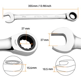 Jetech 27mm Ratcheting Combination Wrench, Industrial Grade Gear Spanner with 12-Point 72-Tooth Ratchet, Forged and Heat-Treated Cr-V Steel, Metric