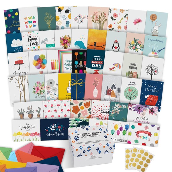 Dessie 110 Large All Occasion Greeting Cards Assortment with Envelopes and Gold Seals. Includes Birthday, Sympathy, Thinking Of You, Holiday Cards in Organizer Box.