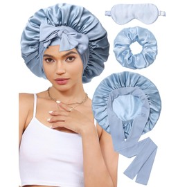 100% Mulberry Silk Bonnet for Sleeping Women Silk Hair Bonnet Elastic Tie Band with Silk Hair Scrunchies Silk Sleep Eye Mask(Mist Blue+Sky Blue)