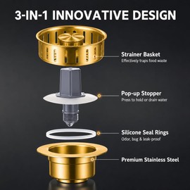 Snailhouse Sink Drain Strainer, 3 in 1 Kitchen Stainless Steel Sink Stopper Food Catcher Drain Plug with Anti-Clog Basket for US Standard 3-1/2 Inch, Gold