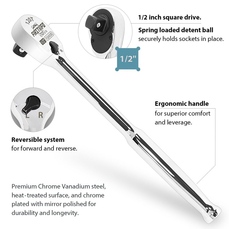 FIRSTINFO F32433D 1/2" Drive Ratchet Handle Wrench 120-Tooth Sealed Head