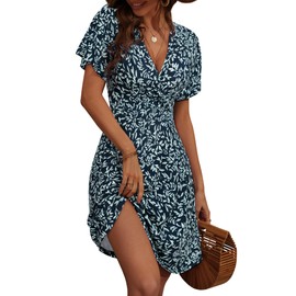 FENSACE Womens Summer Dresses Wrap V Neck Short Sleeve A Line Knee Length Dress(Floral-15,X-Large)
