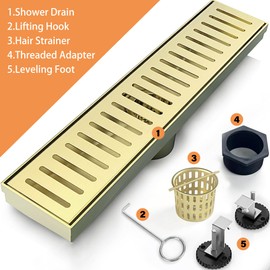 12 Inch Linear Shower Drain Bathroom Kitchen Golden Floor Drain Removable Capsule Pattern Cover Accessories Shower Drain 304 Stainless Steel Drain with Hair Strainer Adjustable Leveling Feet