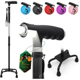 BeneCane Quad Cane Walking Cane with Two Led Lights with Big Base T Handle＆Lightweight Adjustable Walking Stick Four Pronged Sturdy for Men and Women(Black)