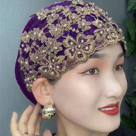 SIQITECH Turban Hat Women's Beanie Hat Indian Hijab with Beads Headscarf Vintage Turban Hat Elastic Hair Wrap Adjustable Head Wrap Girls African Headwear for Outdoor Sports Holiday, dark purple