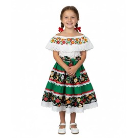 Girls’ Mexican Traditional Floral Dress with Lace and Embroidery for Cinco De Mayo and Fiestas, Green, Size 8