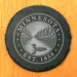Minnesota Loon Lake Scene Slate Coasters, Rustic Gray Natural Stone Drink Coasters with Forest River Design, Vintage Style State Emblem Gift Set of 5, Handcrafted in USA for Home Bar