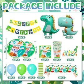 Dinosaur Birthday Party Tableware Set, Serves 16 Dinosaur Plates Napkins Cups and Tablecloth Banner Straws Balloons Set for Dino Theme Birthday Party Decorations for Boys Girls Kids Happy Supplies