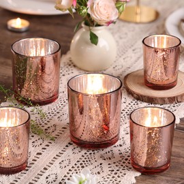 Volens 24pcs Assorted Rose Gold Votive Candle Holders for Wedding Table Centerpieces, Large Mercury Glass Votives for Tealight Candle, Rose Gold Party Decorations for Bridal and Baby Shower
