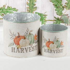 Autumn Happy Harvest Tin Bucket Set by Factory Direct Craft - Fall Decorating and Rustic Autumn Planter Displays (Size: 4-1/4" Dia. and 6" Dia.)