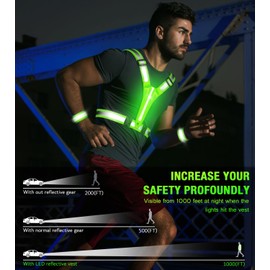 Led Light Up Running Vest Reflective Vest for runners night walking, Rechargeable LED Reflective Running Vest High Visibility with Adjustable Waist/Shoulde, Reflective Armband for Women Men (Green)