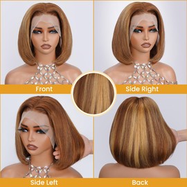 Ombre Bob Wig 4/27 Highlight Honey Blonde Lace Front Bob Wigs Human Hair 180% Density Glueless Wig Human Hair Pre Plucked Pre Cut HD Lace Front Wigs for Black Women 10 inch