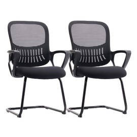Sweetcrispy Reception Chair No Wheels, Stationary Non Rolling Mesh Mid Back Computer Guest Side with Lumbar Support for Waiting Area Reception Conference Room, Set of 2, Modern Black