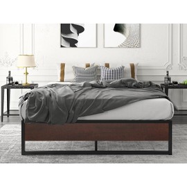 HOOMIC 14 Inches Metal King Platform Bed Frame with Rustic Wood Footboard,Mattress Foundation with Storage, Metal Slats, Noise Free, No Box Spring Needed, Easy Assembly