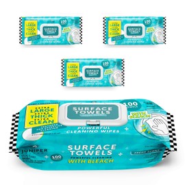 Juniper CLEAN 3 Packs Surface Wipes with Bleach, Thick & Large Dispose, All-Purpose Cleaner for Bathroom, Kitchen, Office, 300 Count Soft Flow, Biodegradable, Fresh Scent