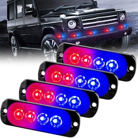 Sidaqi 4-LED Red&Blue Police Light,Surface Flash Mount Grille Emergency Strobe Lights Ultra Slim Warning Hazard Beacon Caution Flashing Light for Vehicles Van Waterproof 12-24V-4PCS
