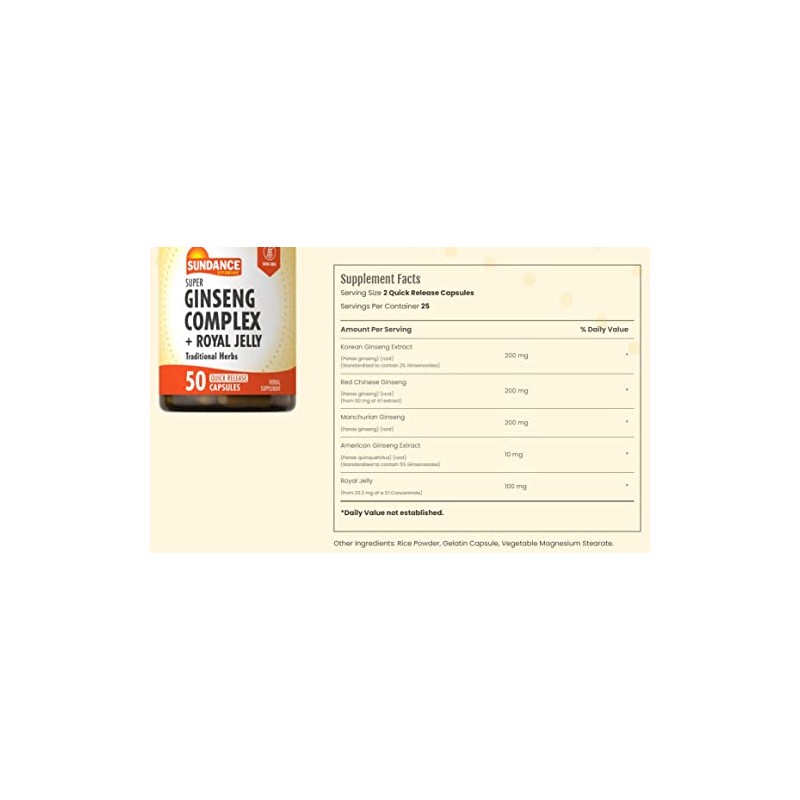 Sundance Vitamins Ginseng Complex Plus Royal Jelly, 50 Count (2)