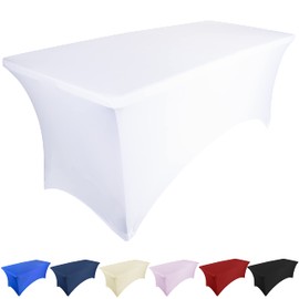 Ocves Stretch Tablecloth 6ft Spandex Table Covers Polyester Fitted Rectangular Stretchable Table Cover Wedding Party Cocktail Bar Craft Exhibitions Washable White, 6ft (1pcs)