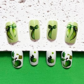 Green Square Press on Nails Apple Fake Nails Bow Acrylic Nails Press on Full Cover Glossy Glue on Nails False Nails with Glue Artificial Stick on Nails for Women Manicure Nail Art Decoration