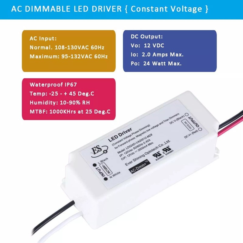 E ENERSYSTEC UL Recognized Dimmable LED Driver 12V 24W Triac