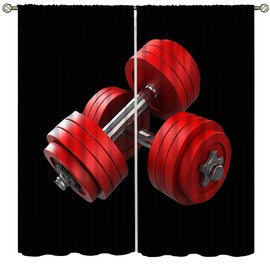 AAVEUP Fitness Power Curtains for Boys Room, 3D Red Dumbbells Gym Equipment Workout Self-Discipline Window Drape Print for Adolescents Men Room Living Room Bathroom Gymnasium 42x45in（No Blackout）