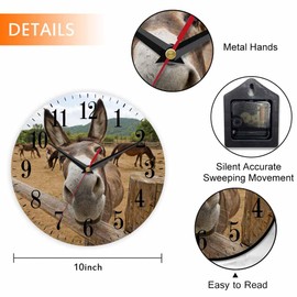 Mxocom Funny Donkey Wall Clock Cute Animal Mule Face Fence Farm Grass 10 Inch Silent Non Ticking Battery Operated Clock Vintage Round Clock for Living Room Bedroom Bathroom Office Decor