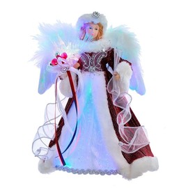 Kurt S. Adler 12-Inch White, Silver and Burgundy Angel Tree Topper with Fiberoptic LED Lights