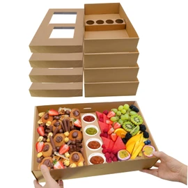 10PK Pastry Box Cardboard Heavy Duty, Picnic Platter Serving Box w/Lid for 5-8 People To Go, Stably Filled Disposable Catering Charcuterie Board w/Lid for Food Take Out (15"x10"x3.5")