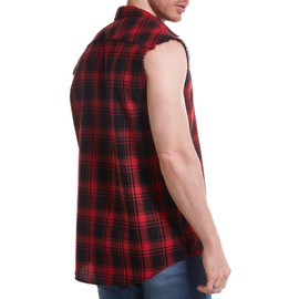 Sleeveless Casual Shirt for Men,Cowboy Plaid Button Down Shirts Red # Large