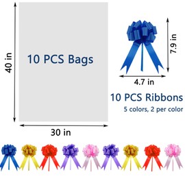 HANDMD 10 PCS Large Cellophane Bags, 30x 40 Inches Clear Cello Bags, with 10PCS Floral Ribbons, Large Basket Bag, Plastic Cellophane Gift Bag, Perfect for Gift Baskets