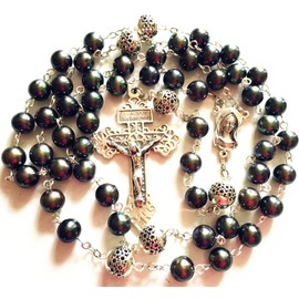 elegantmedical HANDMADE AAA Black Real Pearl + Bali Sterling Silver Beads Catholic Rosary Cross CRUCIFIX Necklace box