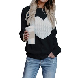 Alsol Lamesa Women's Cute Heart Sweater Long Sleeve Crewneck Pullover Ribbed Knit Casual Sweaters, 32 Black, Large